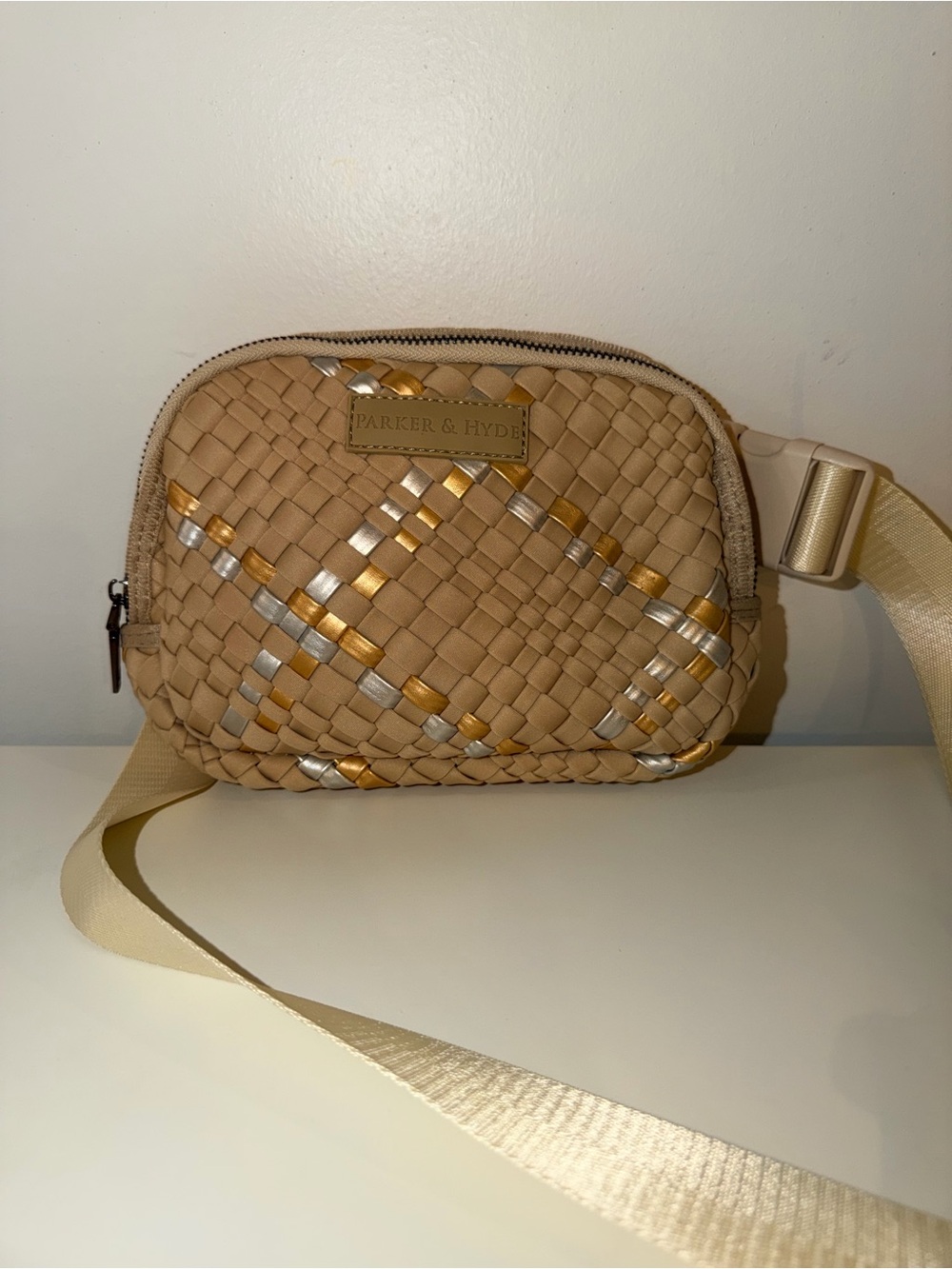 Parker & Hyde Woven Beige Metallic Belt Crossbody Bag